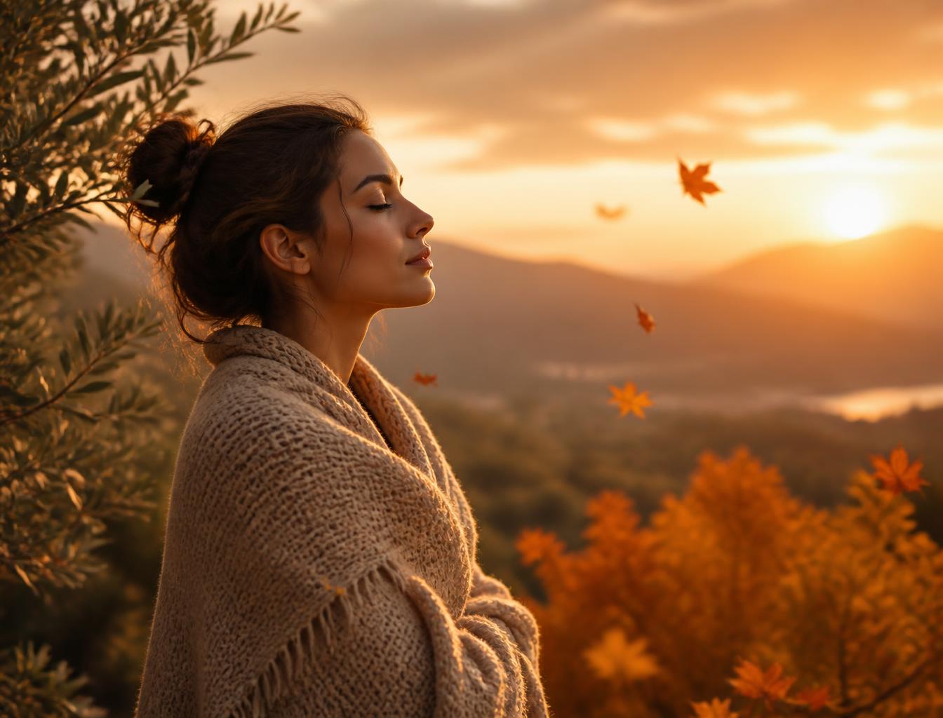 Mujer respirando consciente en un paisaje otoñal al atardecer